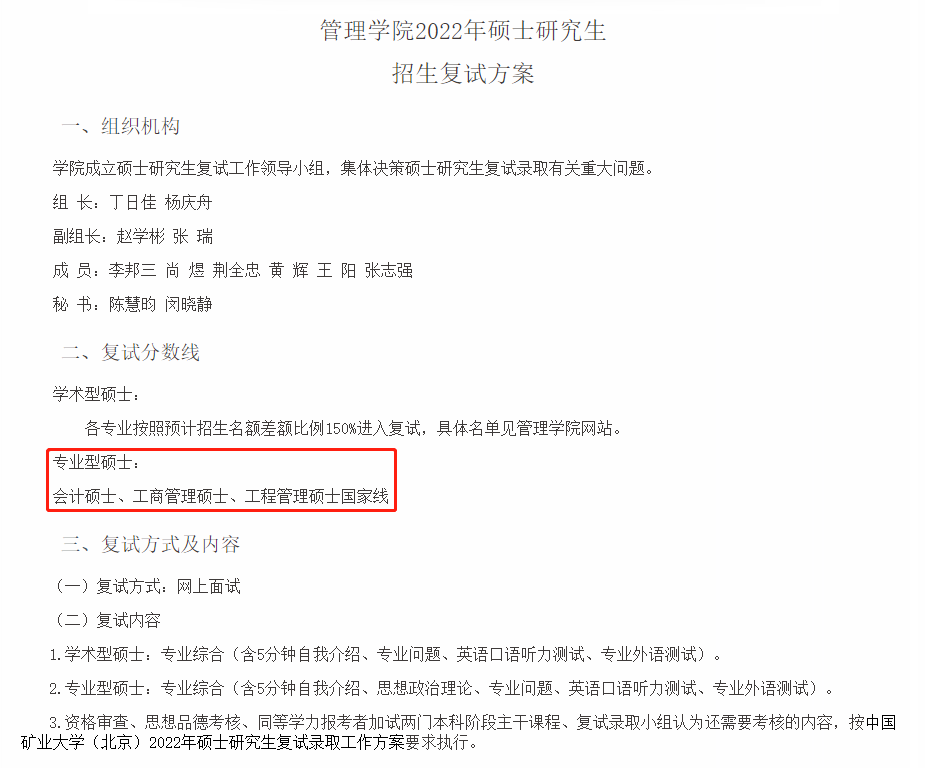 中国矿业大学（北京）2022年MPAcc复试分数线