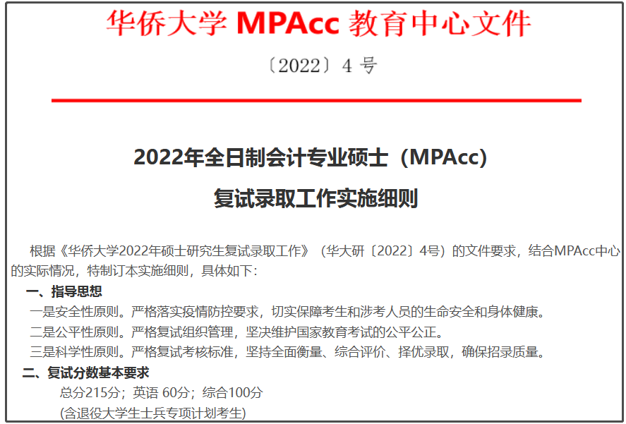 华侨大学2022年MPAcc复试分数线