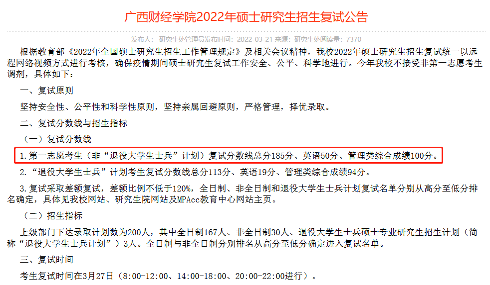 广西财经学院2022年MPAcc复试分数线