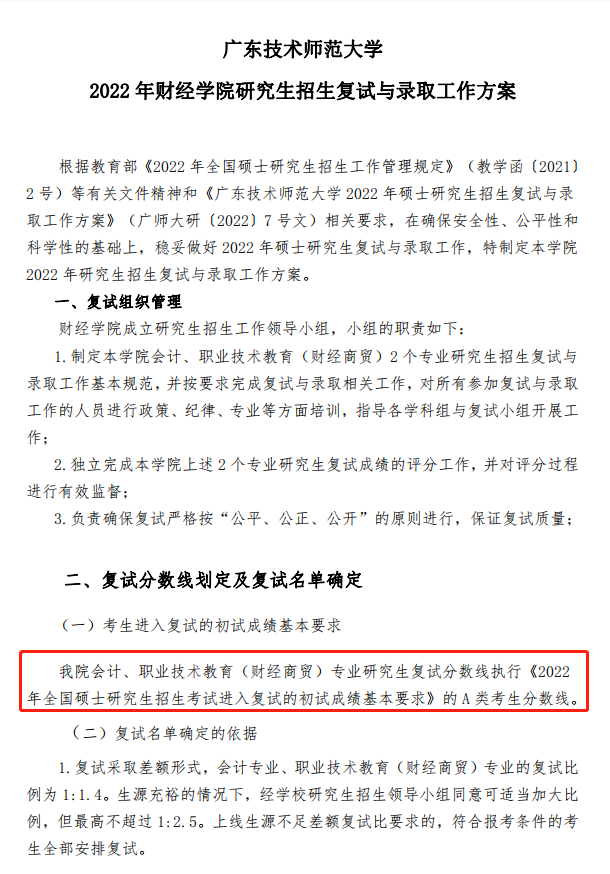 广东技术师范大学2022年MPAcc复试分数线