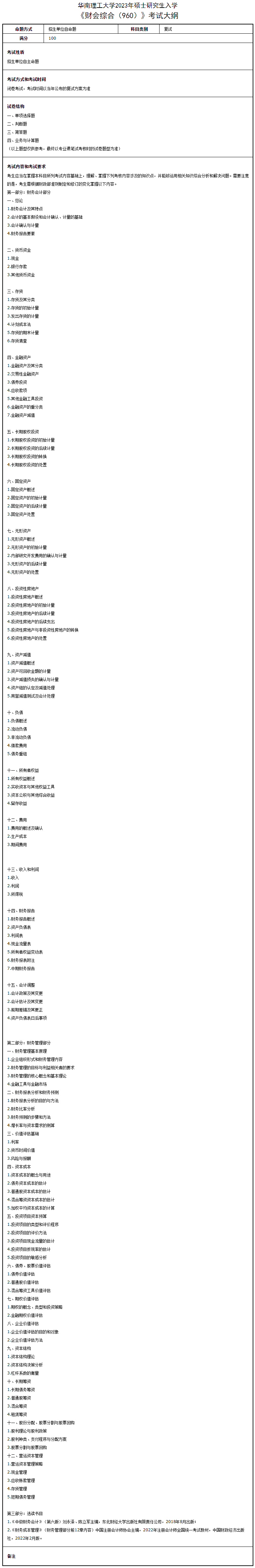 华南理工大学2023年MPAcc会计专硕考试大纲