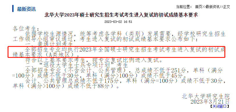 北华大学2023年MPAcc复试分数线：197